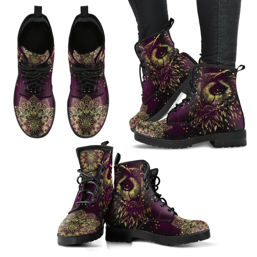 Golden Brown Owl Mandala Womens Boots