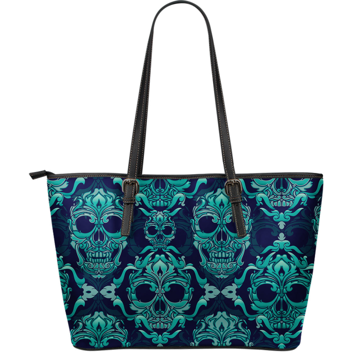 Green Skulls Pattern Leather Tote Bag