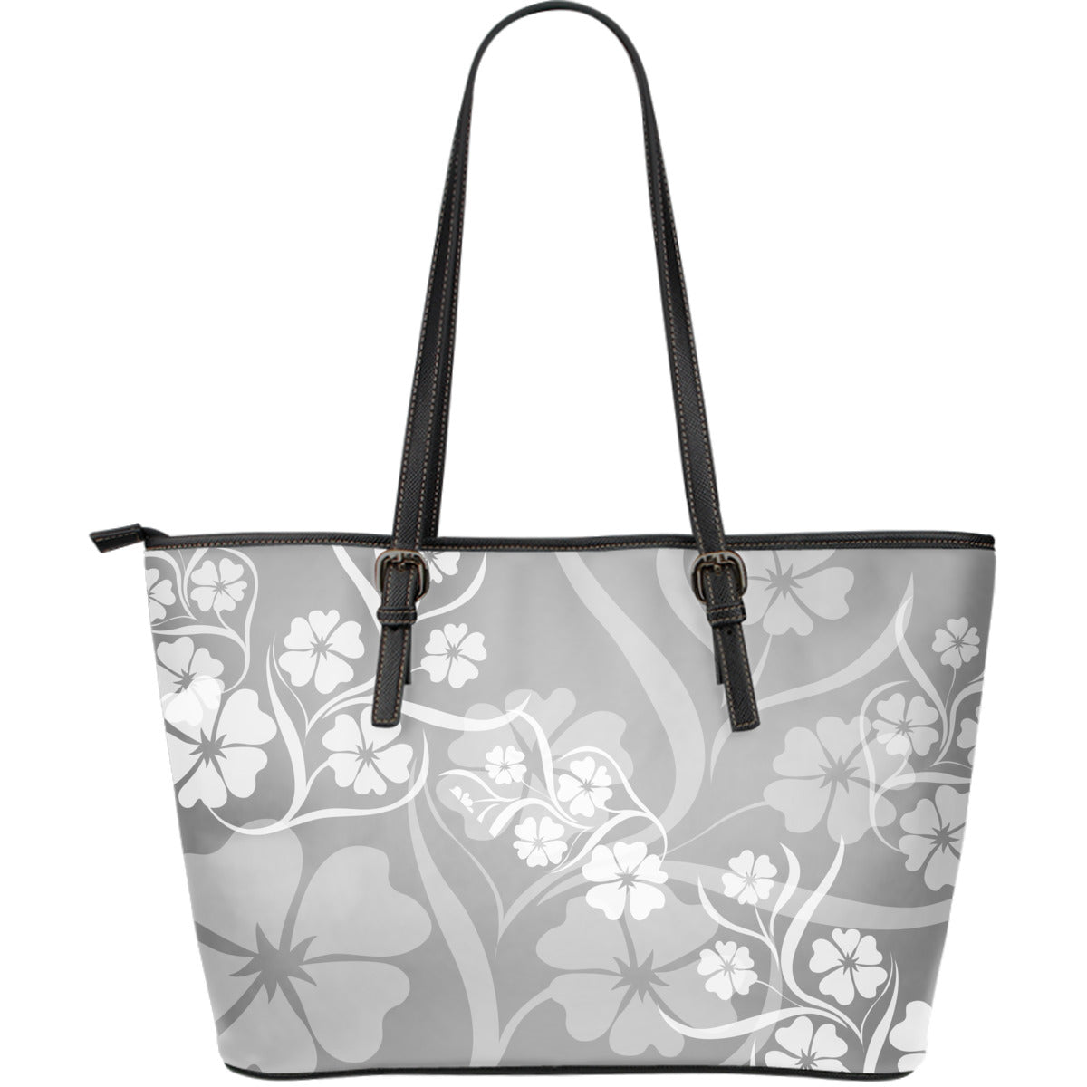 Grey Floral Decor Leather Tote Bag