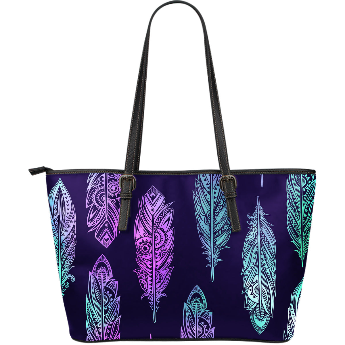 Neon Pink Feathers Leather Tote Bag