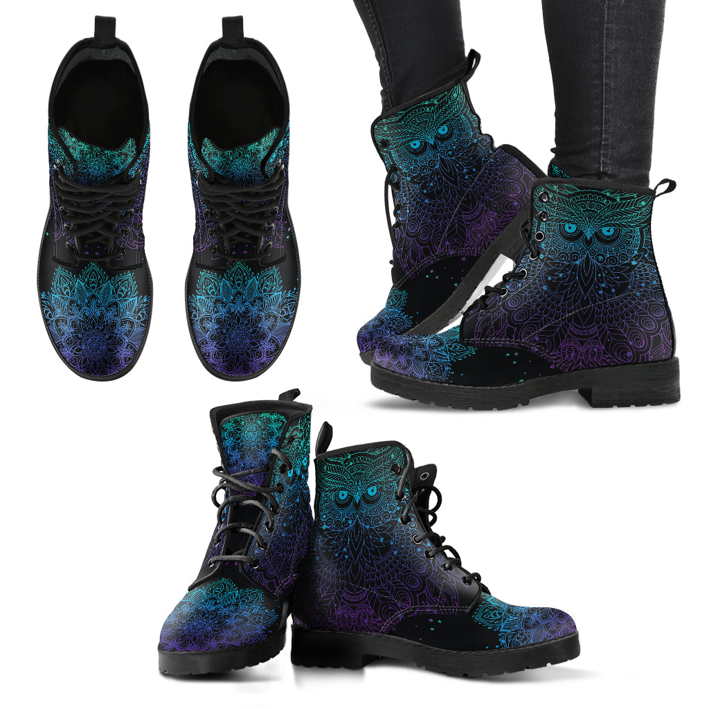 Dark Blue Purple Owl Mandala Womens Boots