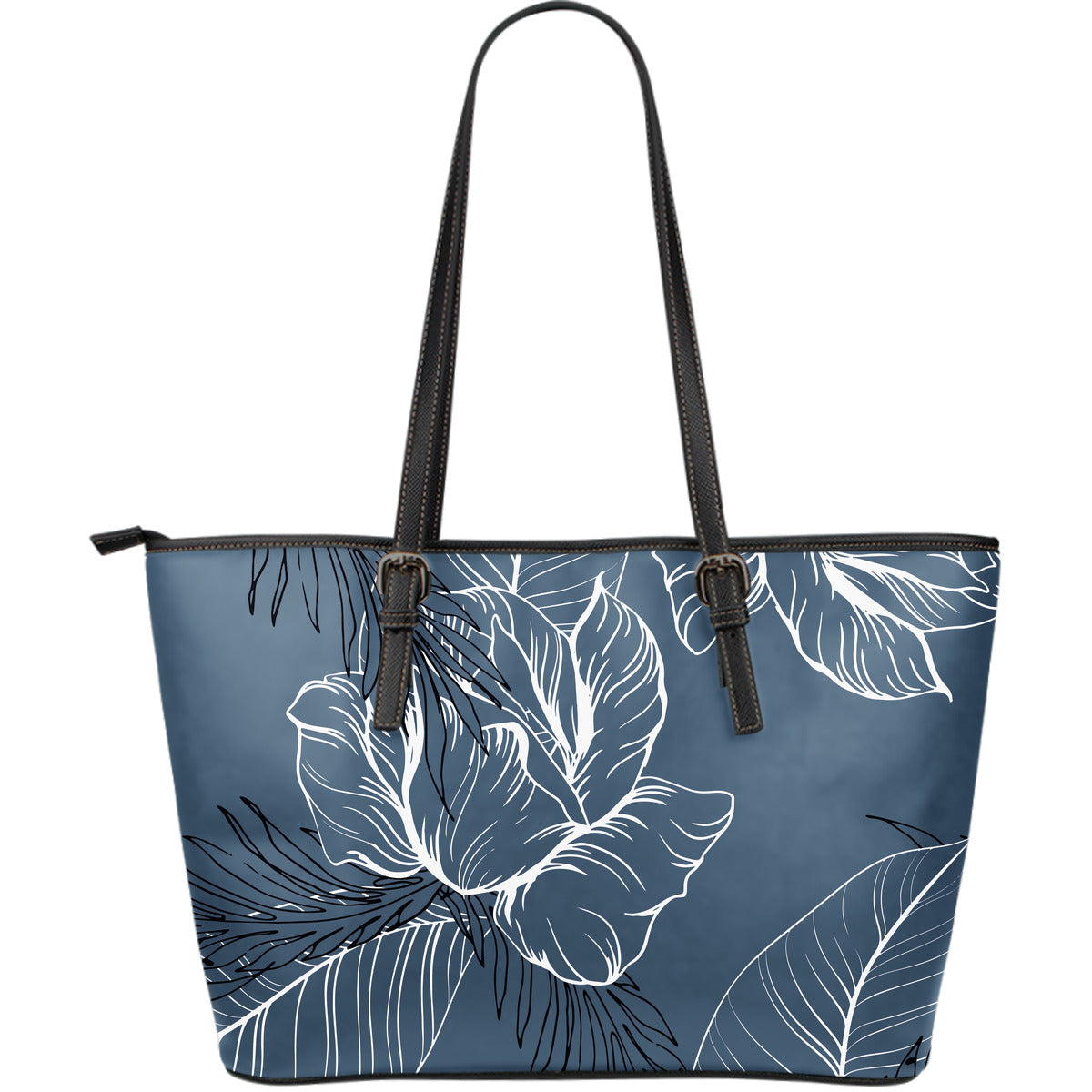 Grey Abstract Floral Outline Leather Tote Bag