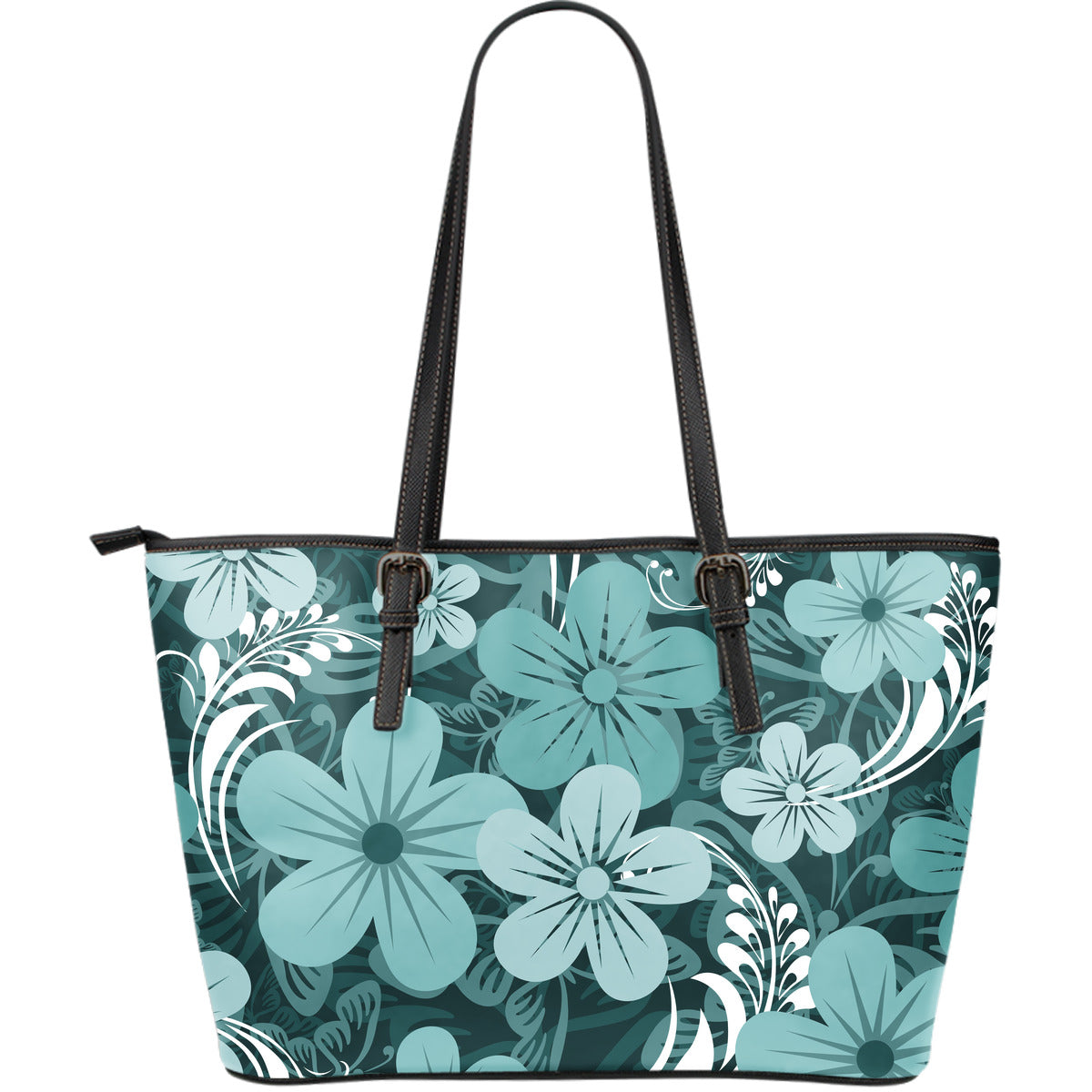 Teal Green Aloha Flowers Leather Tote Bag