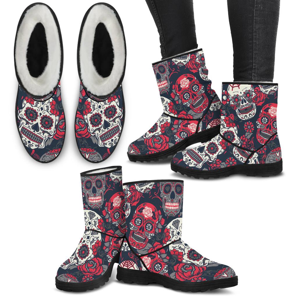 Sugar Skulls & Roses Faux Fur Boots
