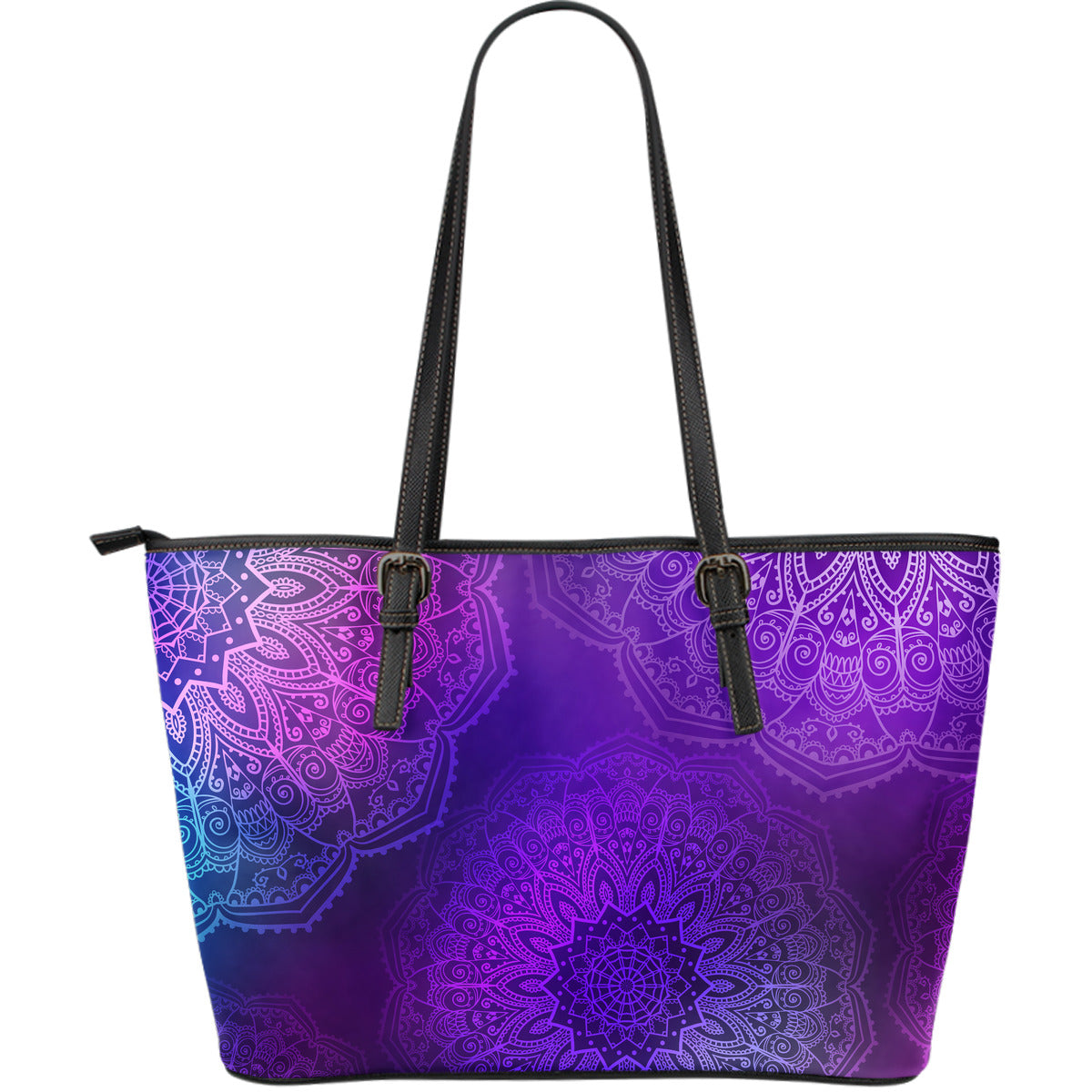 Purple Mandalas Leather Tote Bag