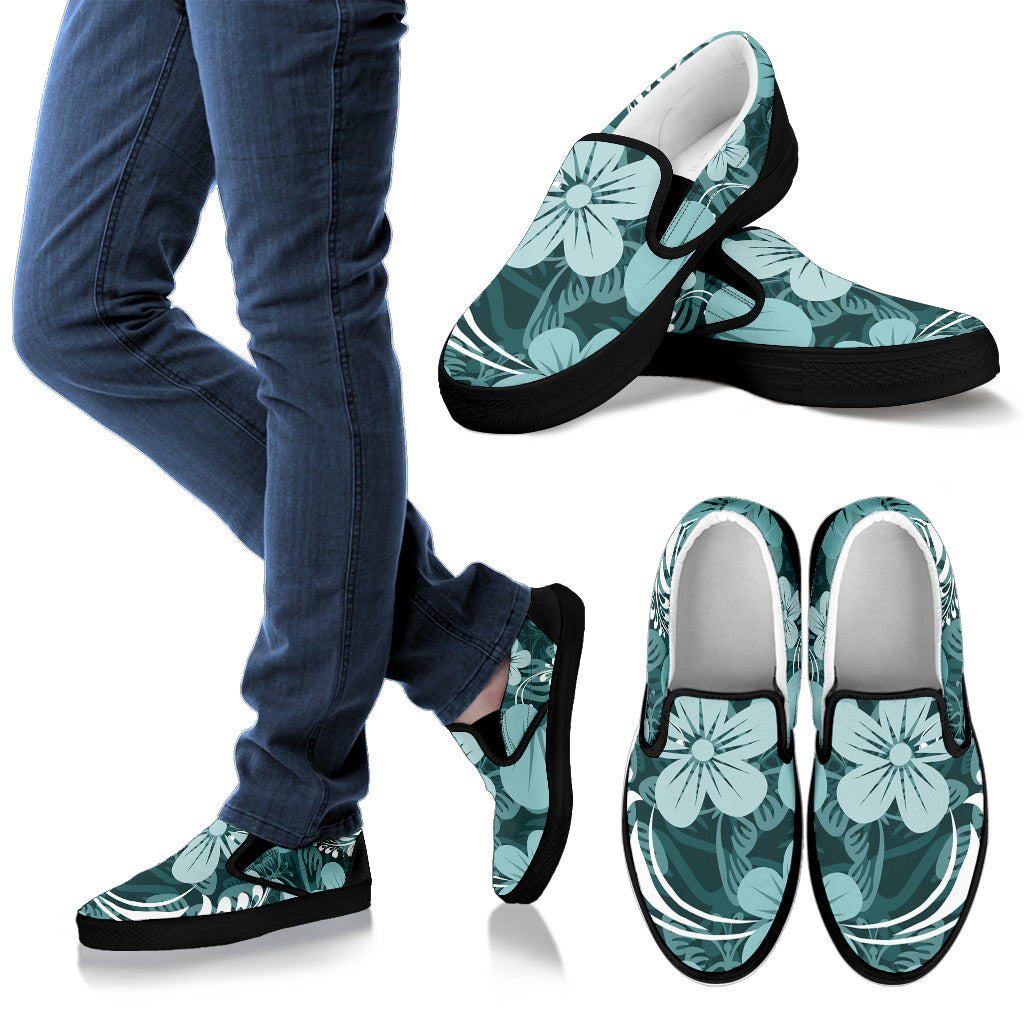 Teal Green Aloha Flowers Slip On Shoes