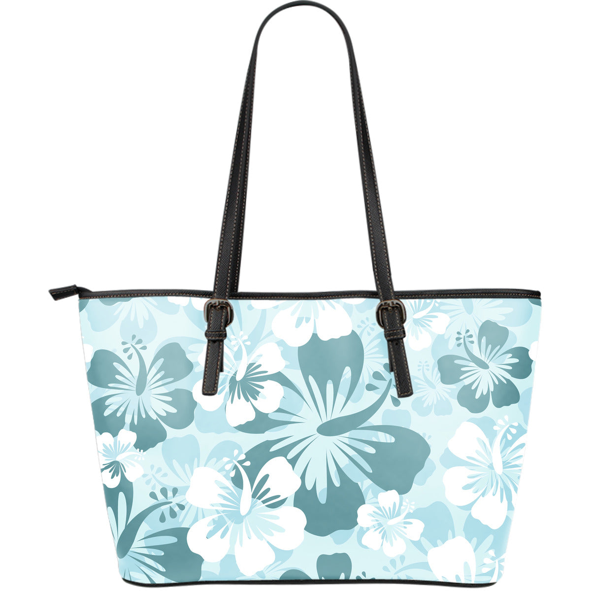 Teal Green Aloha Flowers Leather Tote Bag