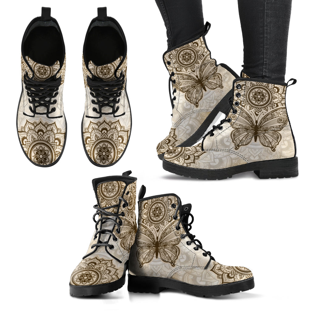 Beige Boho Butterfly Mandala Womens Boots