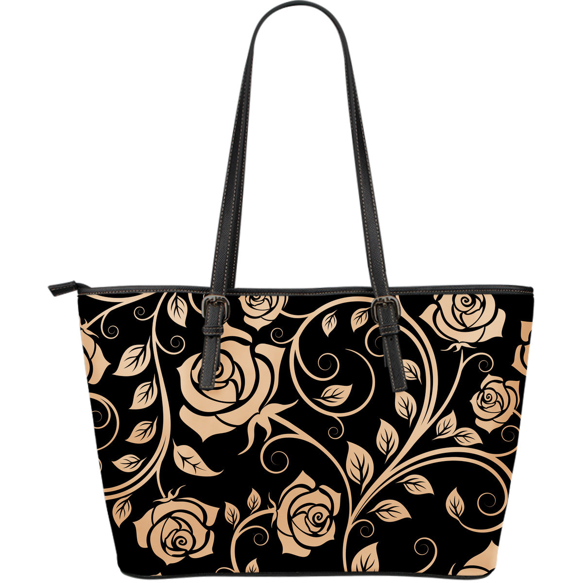 Tan Roses Decor Leather Tote Bag