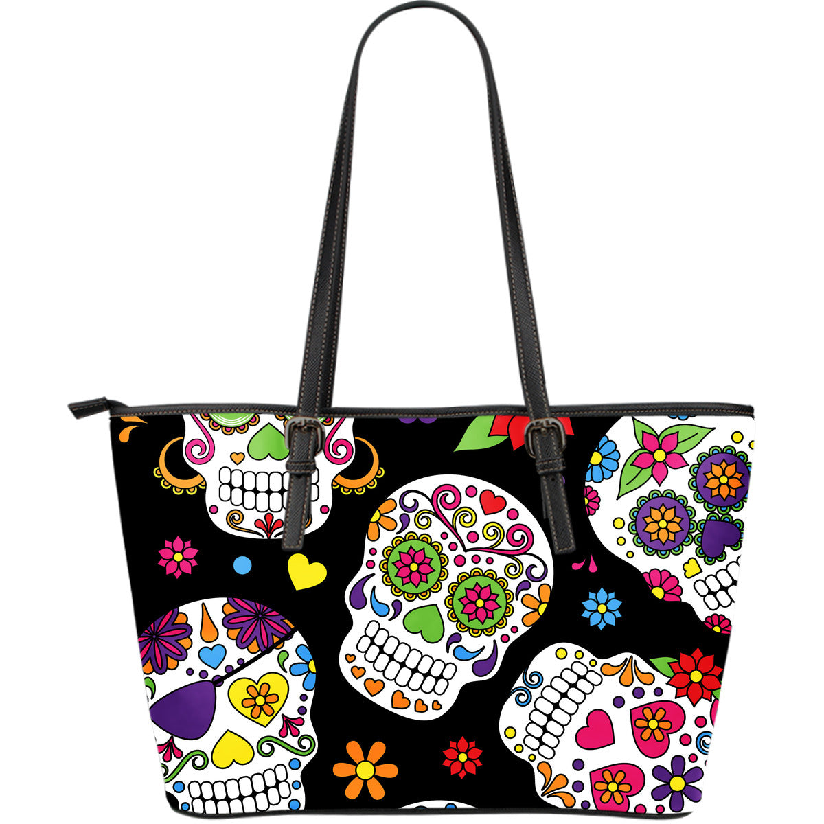 Colorful Sugar Skulls Leather Tote Bag