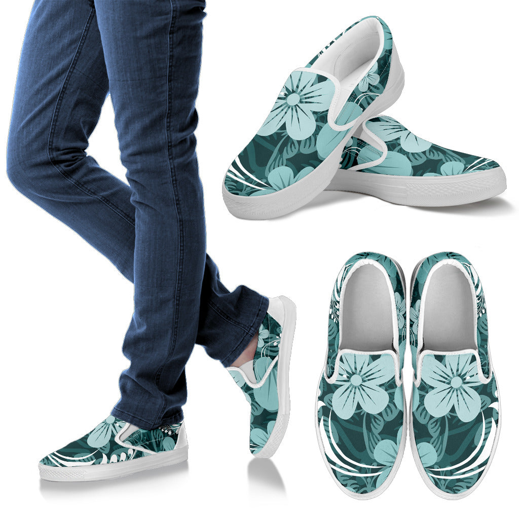 Teal Green Aloha Flowers Slip On Shoes