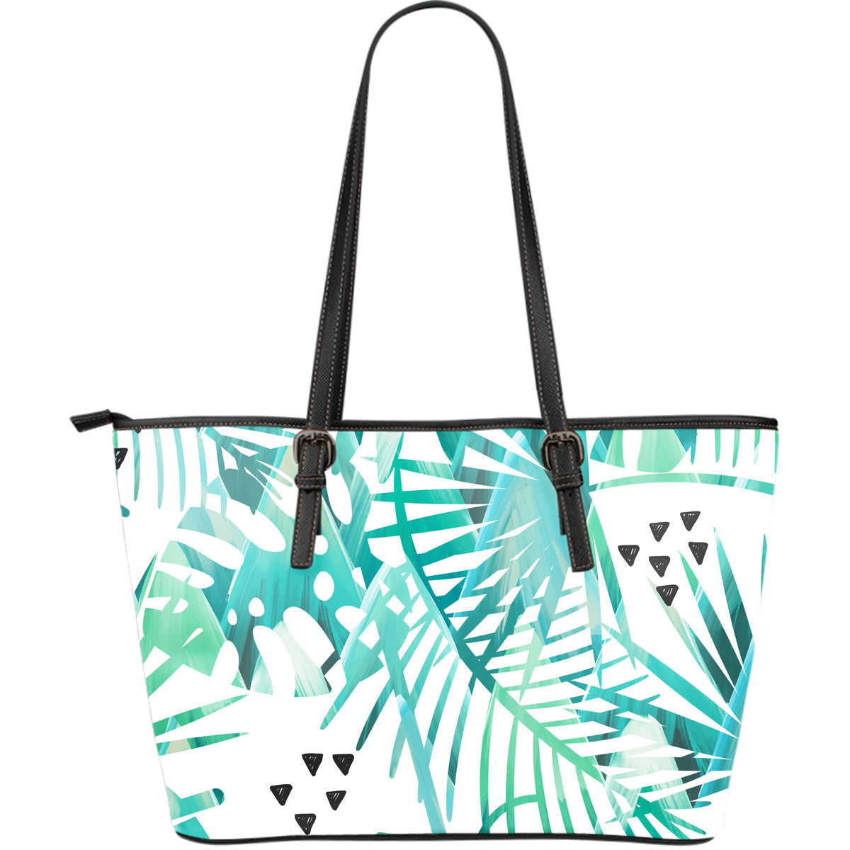 Teal Green Leaves Leather Tote Bag