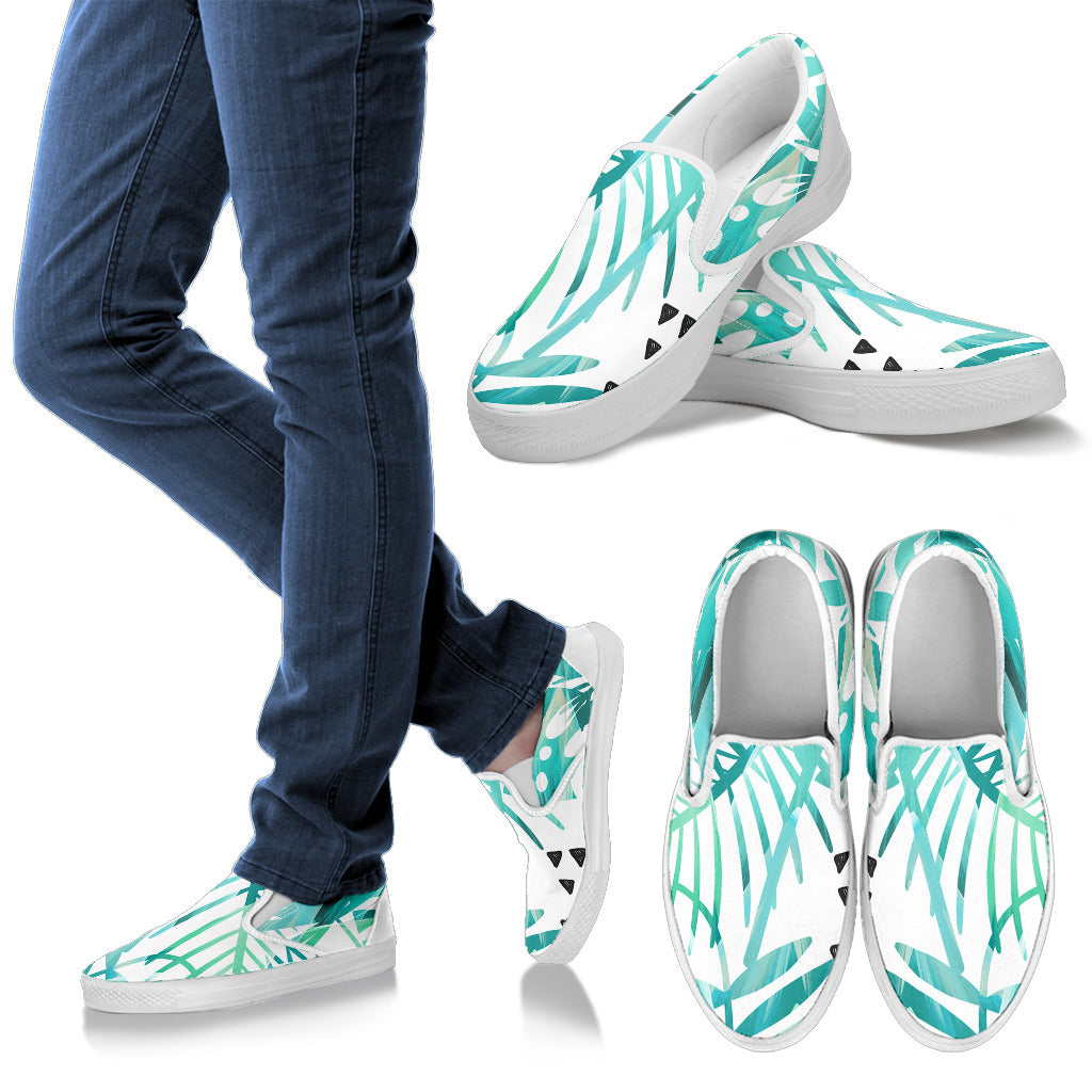 Teal Floral Leaves Slip On Shoes