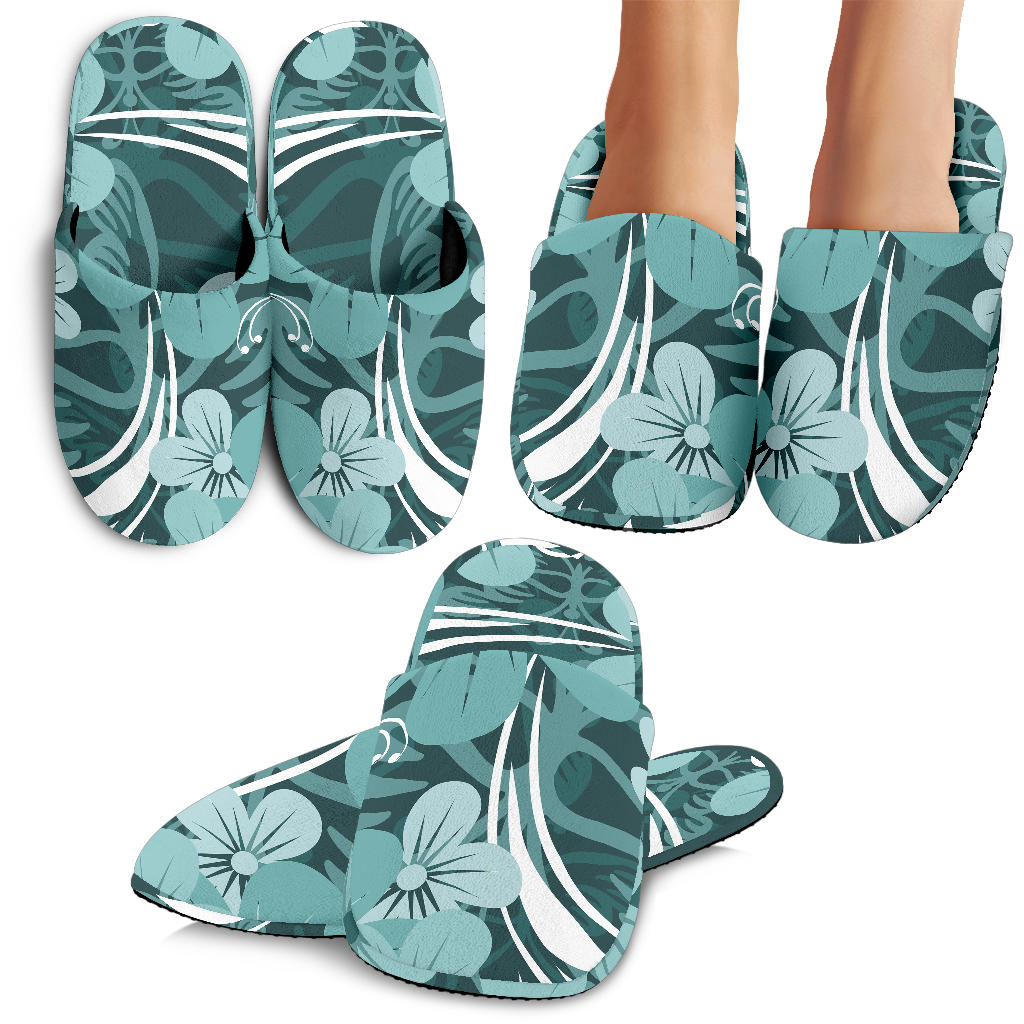 Teal Green Aloha Flowers Slippers