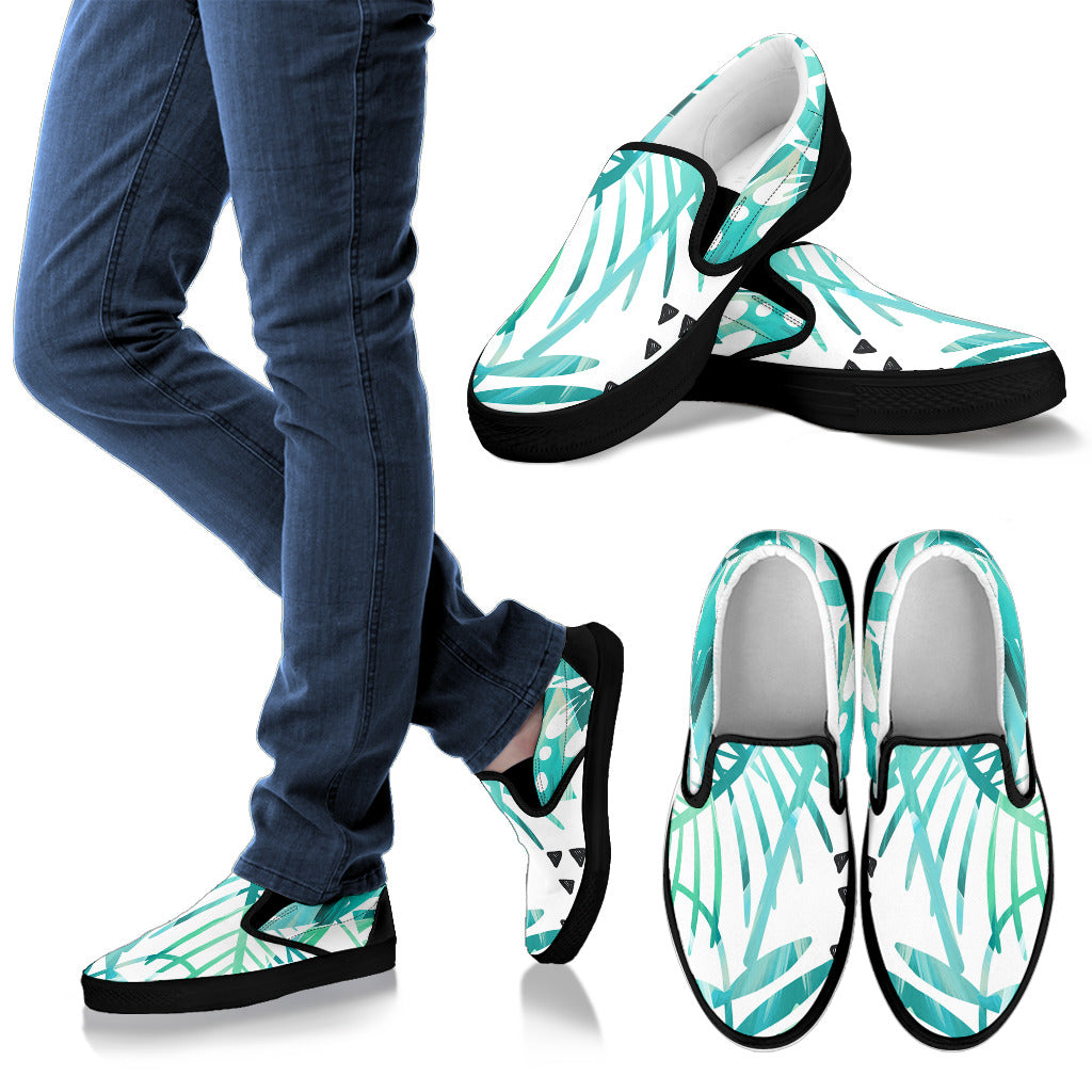 Teal Floral Leaves Slip On Shoes