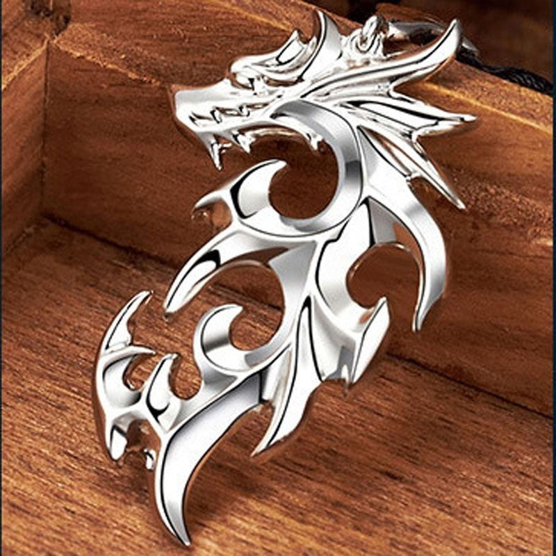 Mens Silver Dragon Pendant Necklace