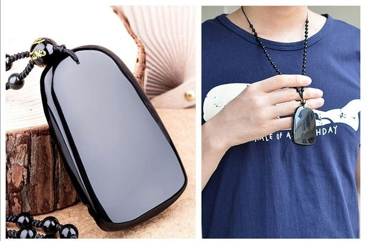 Mens Obsidian Lucky Dragon Pendant Necklace