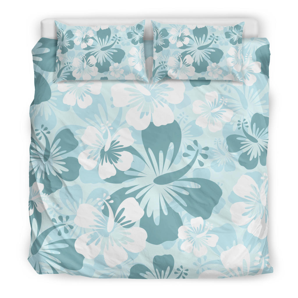 Light Green Teal Aloha Flowers Bedding Set