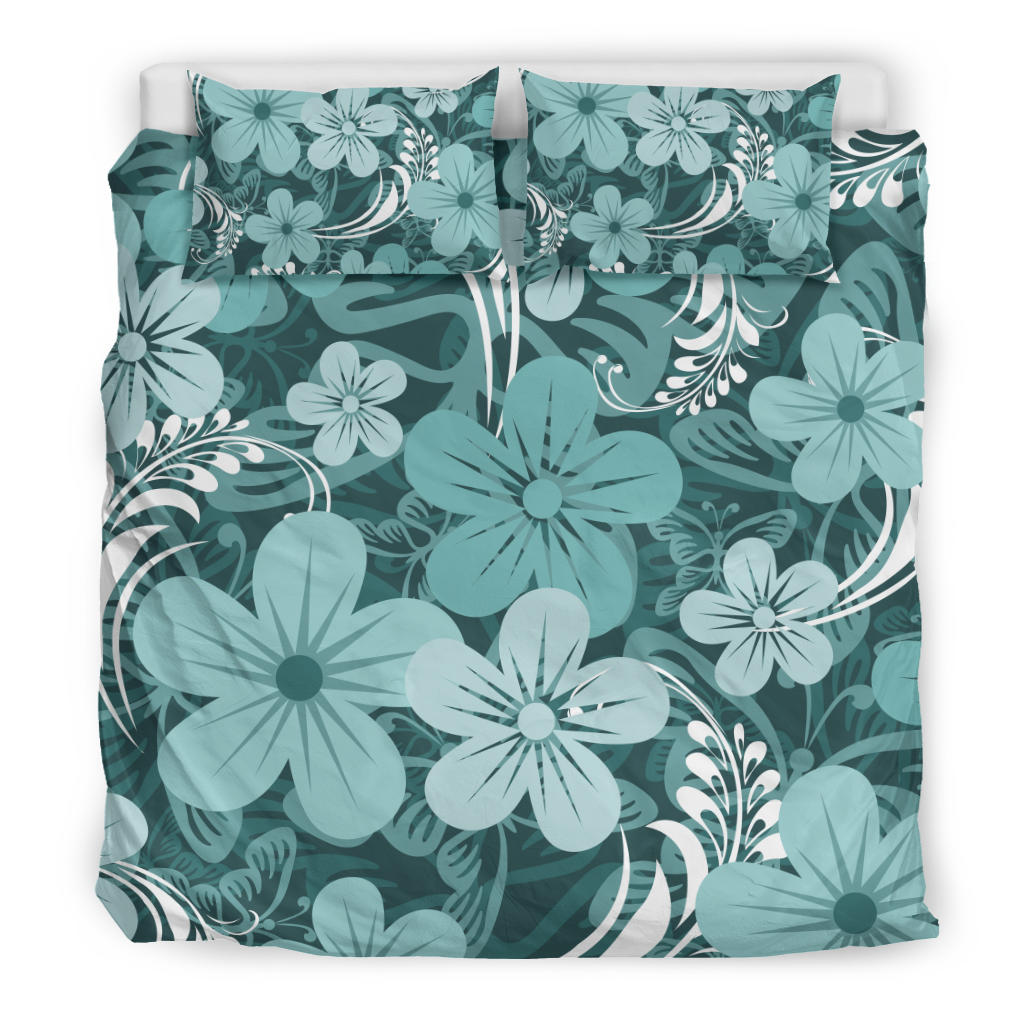 Light Green Teal Aloha Flowers Bedding Set