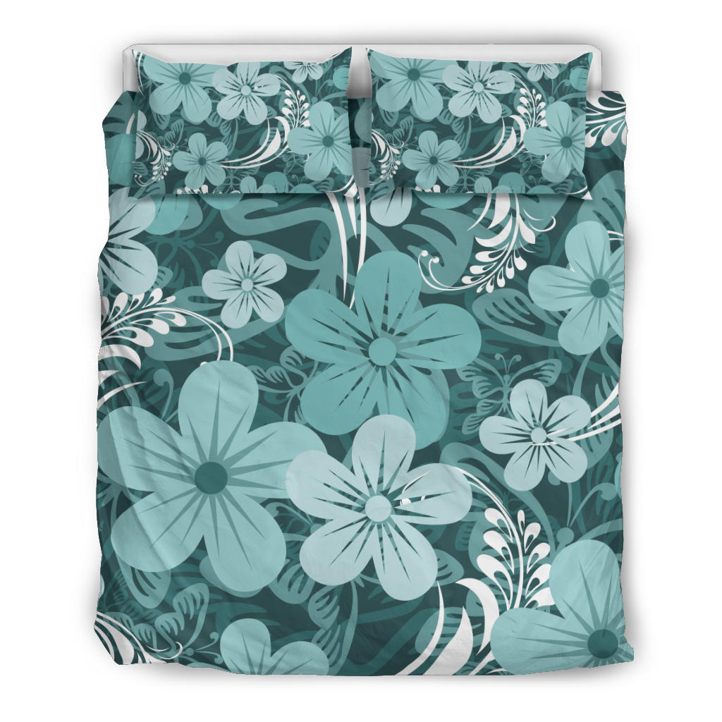 Light Green Teal Aloha Flowers Bedding Set