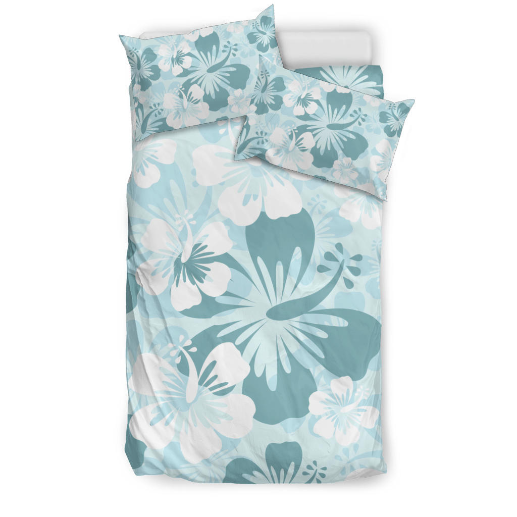 Light Green Teal Aloha Flowers Bedding Set