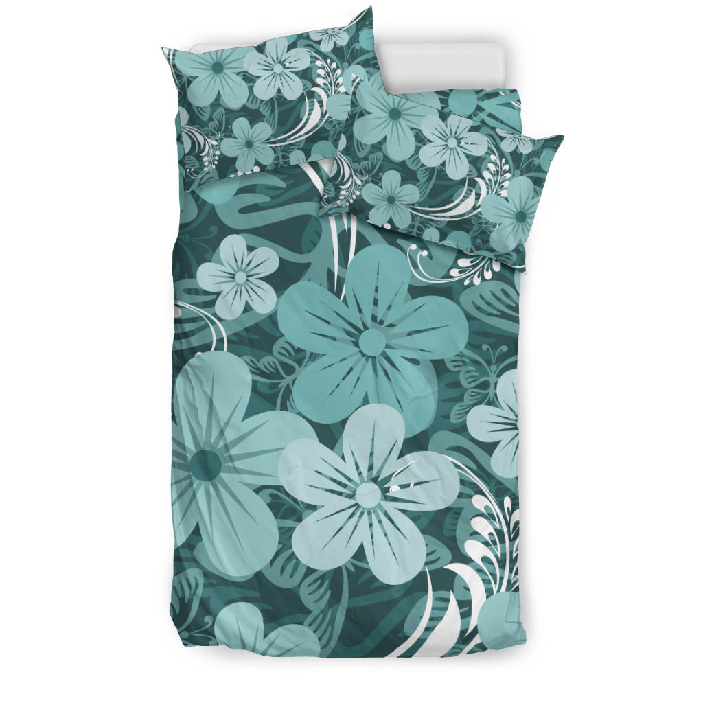 Light Green Teal Aloha Flowers Bedding Set