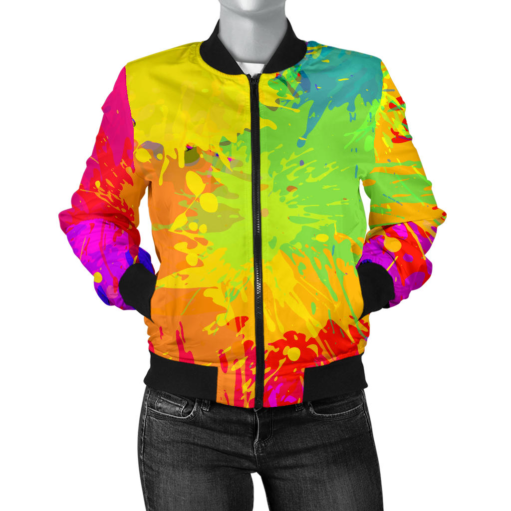 Womens Colorful Paint Splatter Abstract Art Bomber Jacket