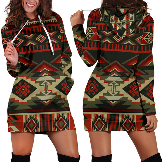 Red & Brown Boho Aztec Womens Hoodie Dress