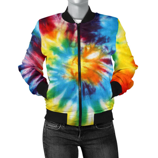 Womens Colorful Tie Dye Abstract Art Bomber Jacket
