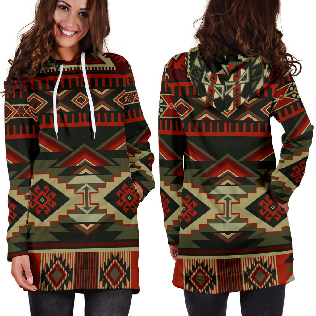 Red & Brown Boho Aztec Womens Hoodie Dress