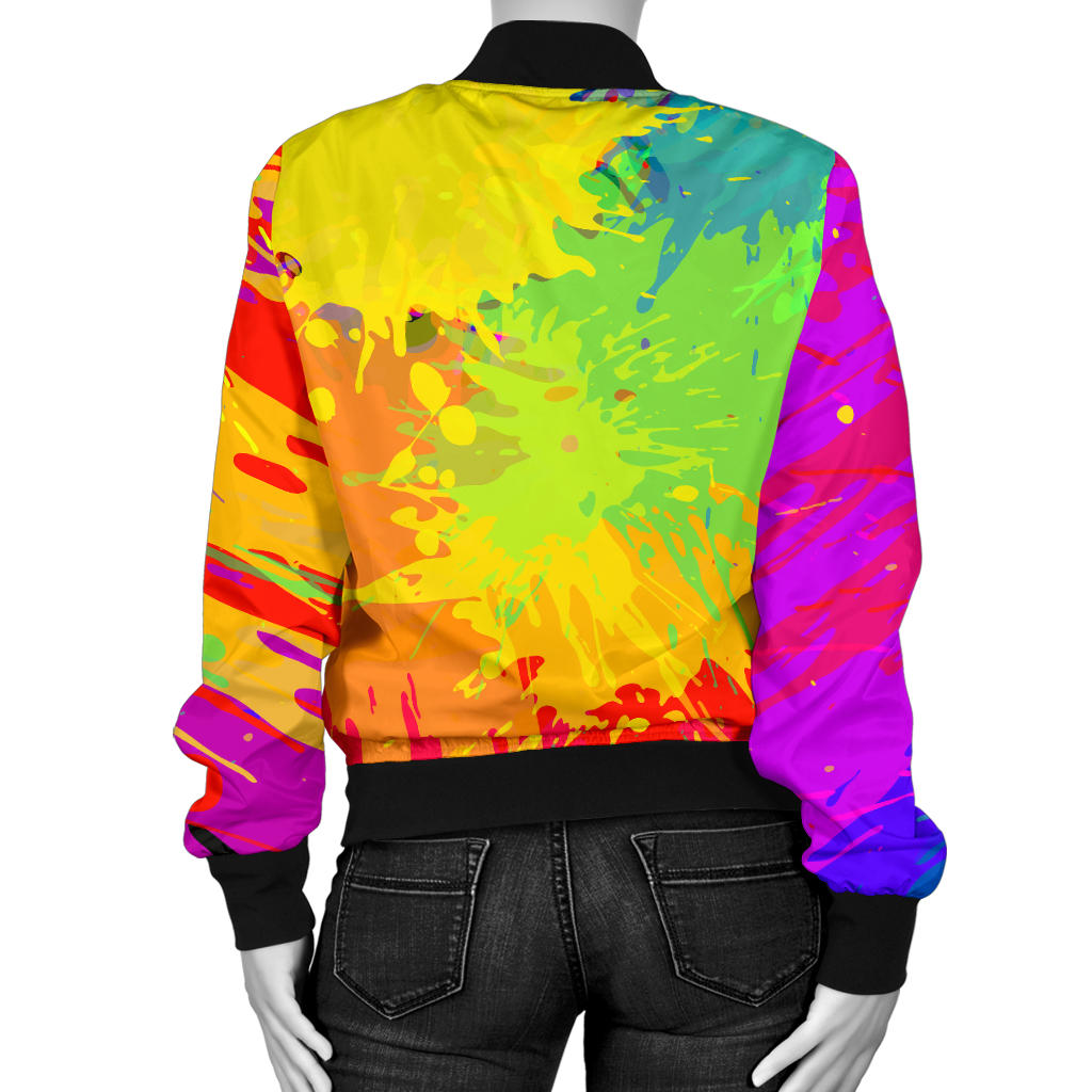 Womens Colorful Paint Splatter Abstract Art Bomber Jacket