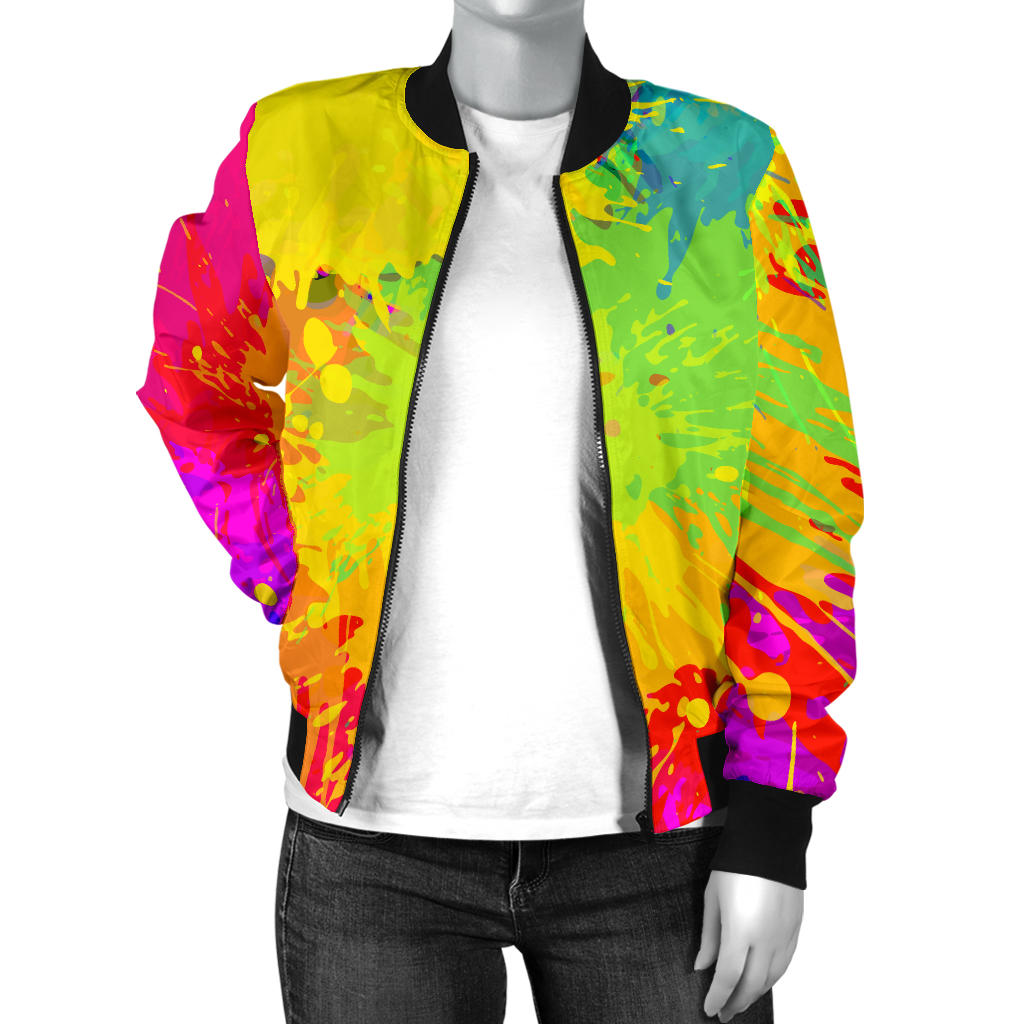 Womens Colorful Paint Splatter Abstract Art Bomber Jacket