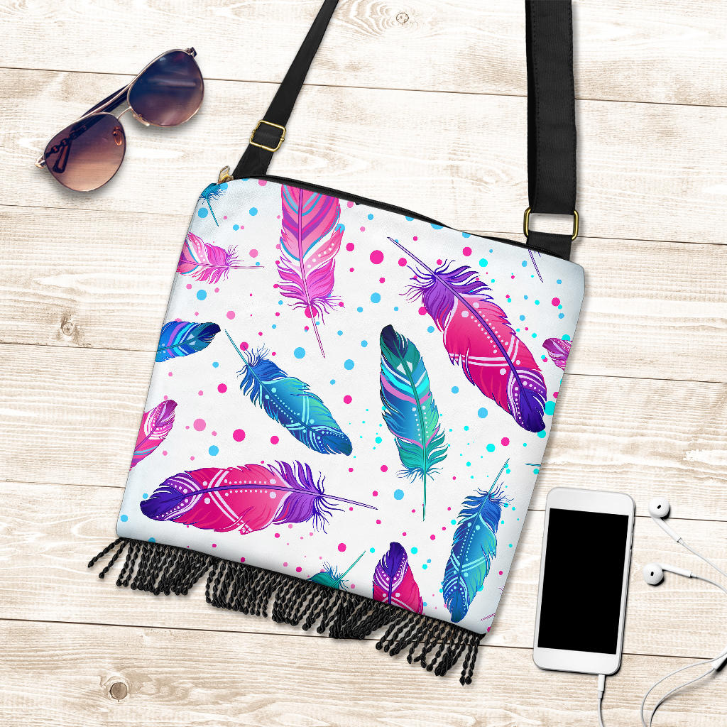 Pink & Purple Feathers Boho Crossbody Bag