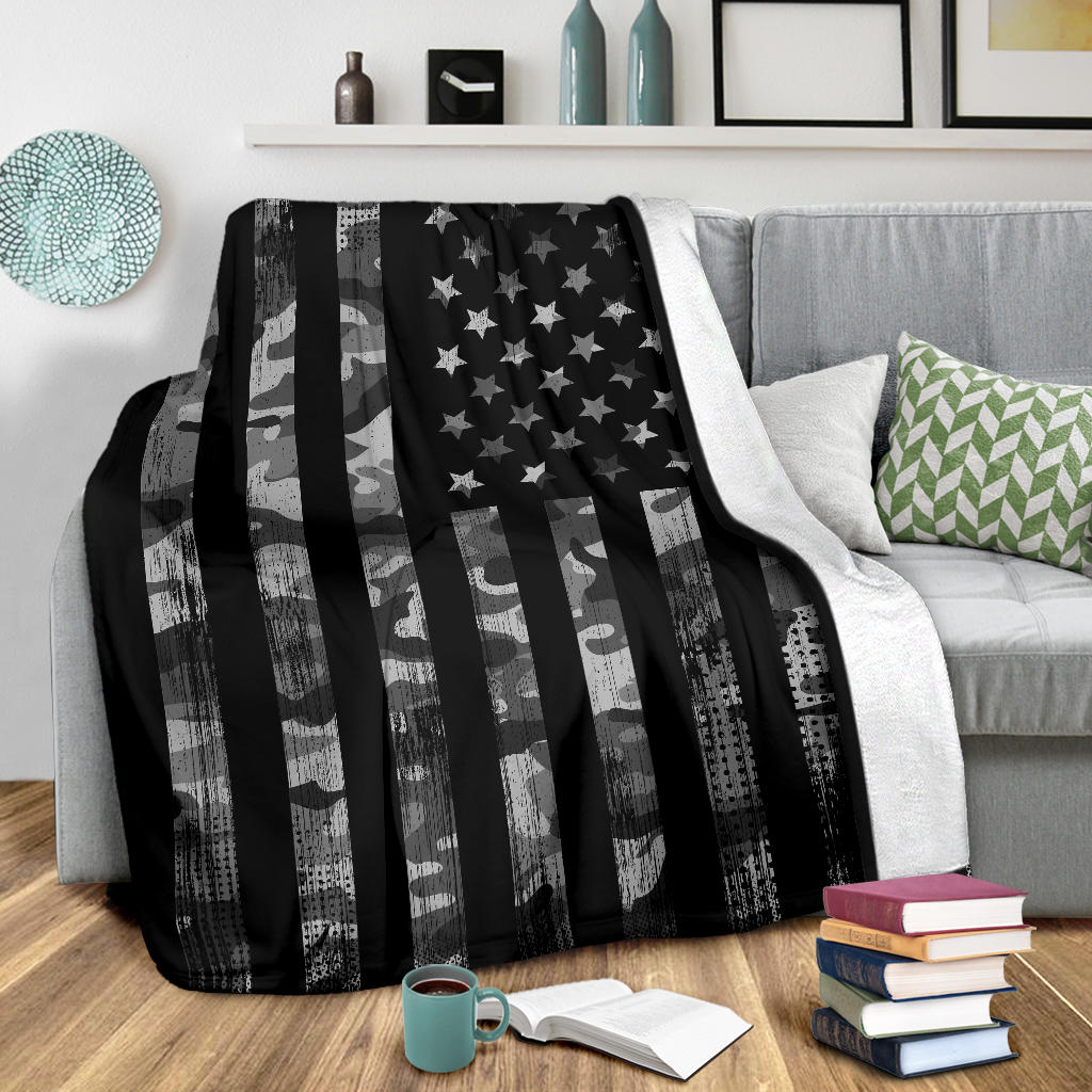 Grey Camouflage American Flag Blanket