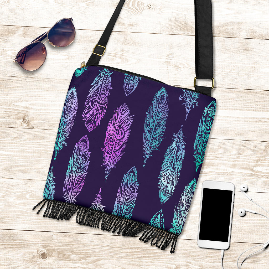Neon Pink Feathers Boho Crossbody Bag