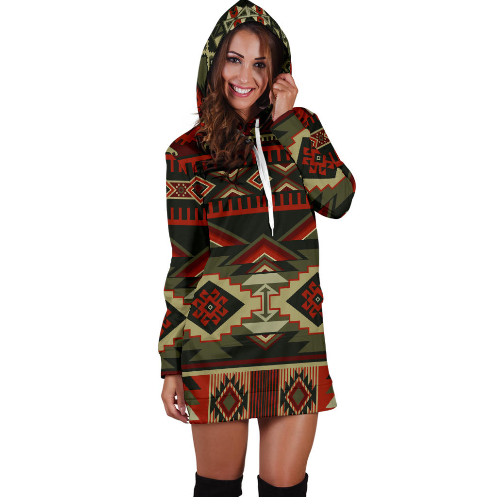 Red & Brown Boho Aztec Womens Hoodie Dress