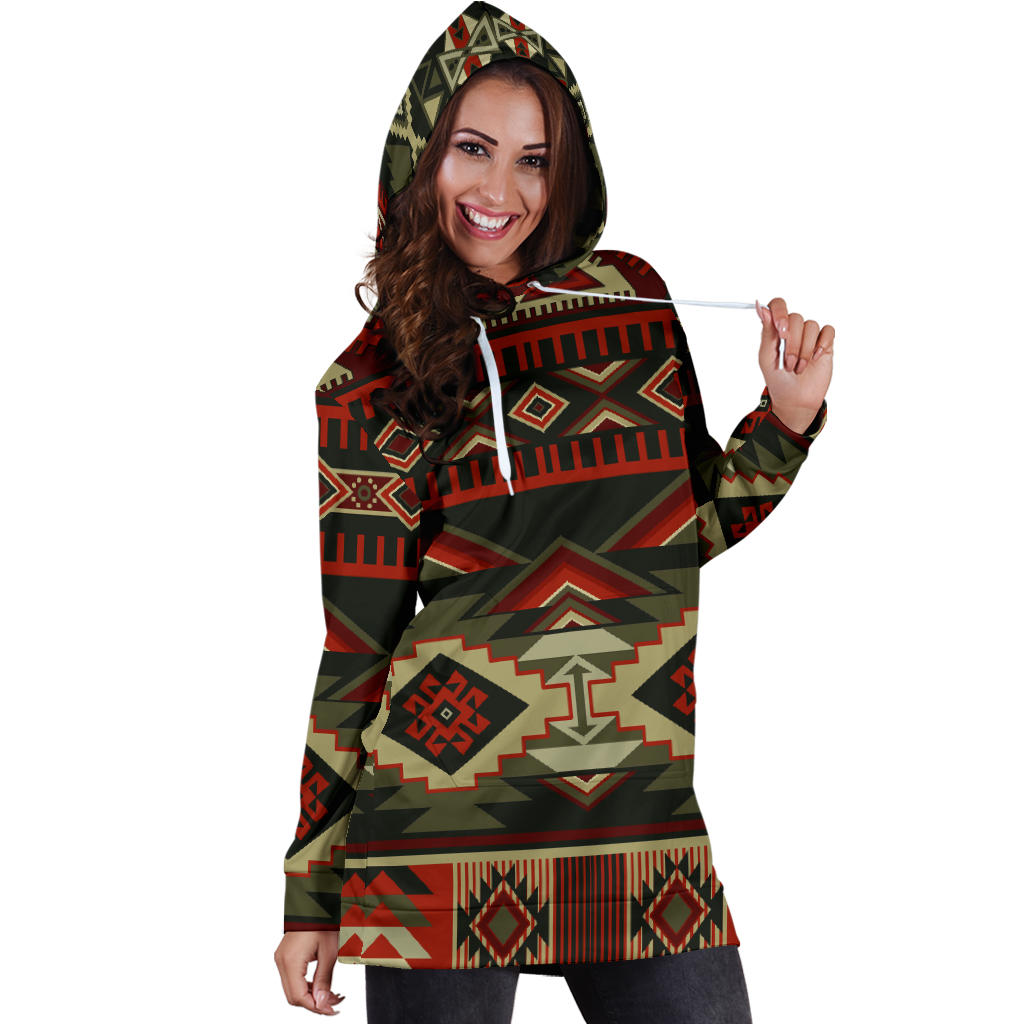 Red & Brown Boho Aztec Womens Hoodie Dress