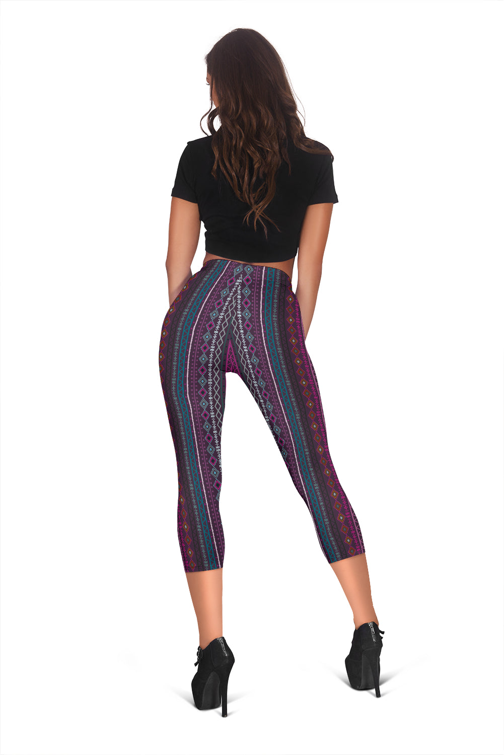 Purple Boho Stripes Capri Leggings