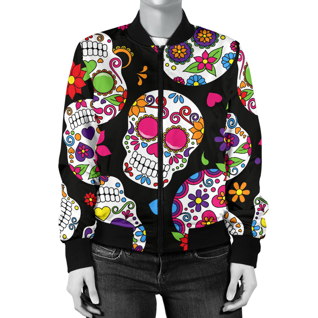 Womens Colorful Sugar Skulls Bomber Jacket