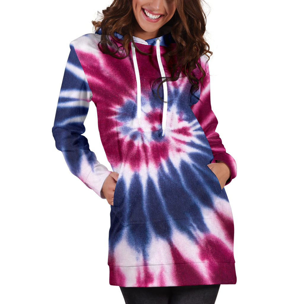 Red, White & Blue Tie Dye Spiral Womens Hoodie Dress