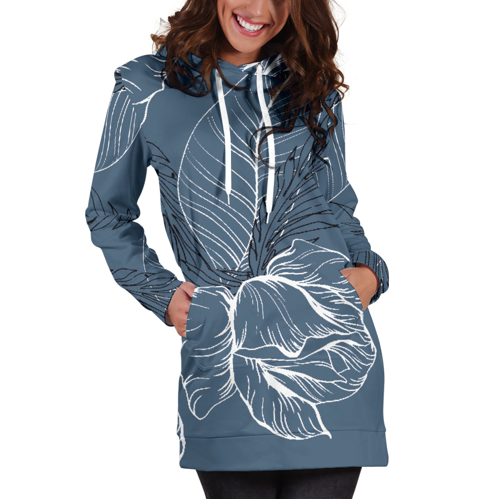 Grey Floral Outline Womens Hoodie Dress