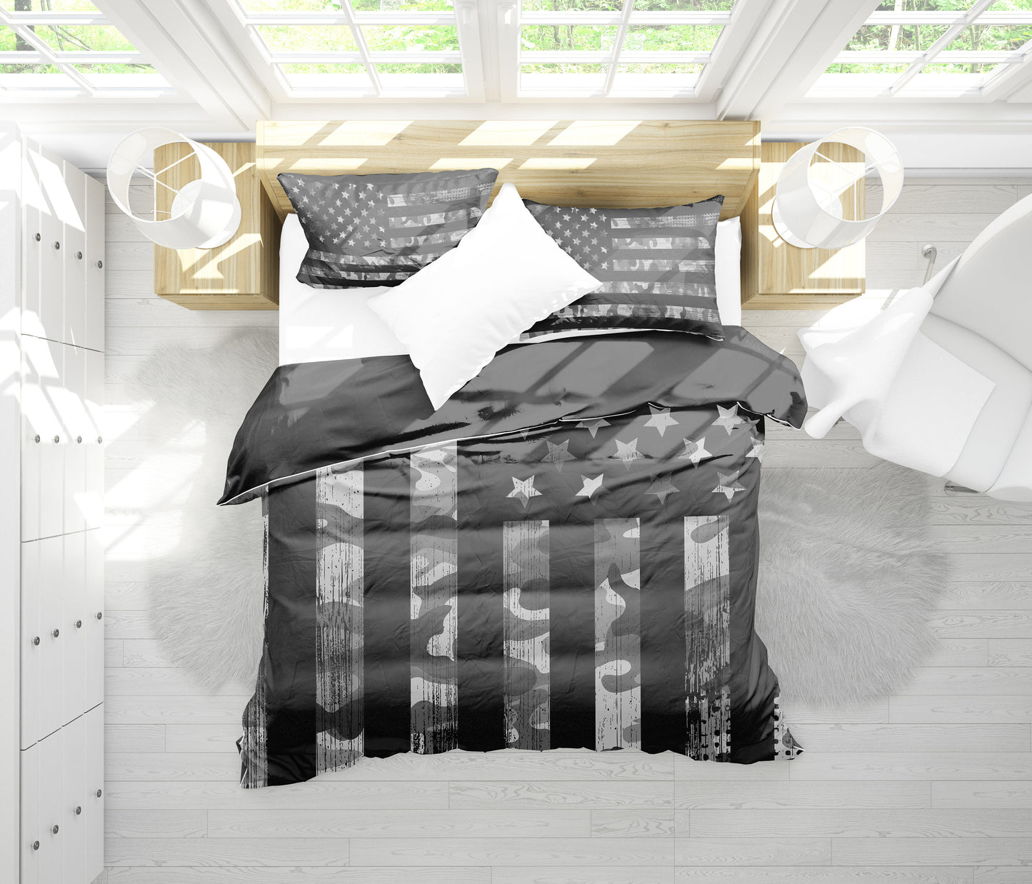 Grey American Flag Camouflage Bedding Set