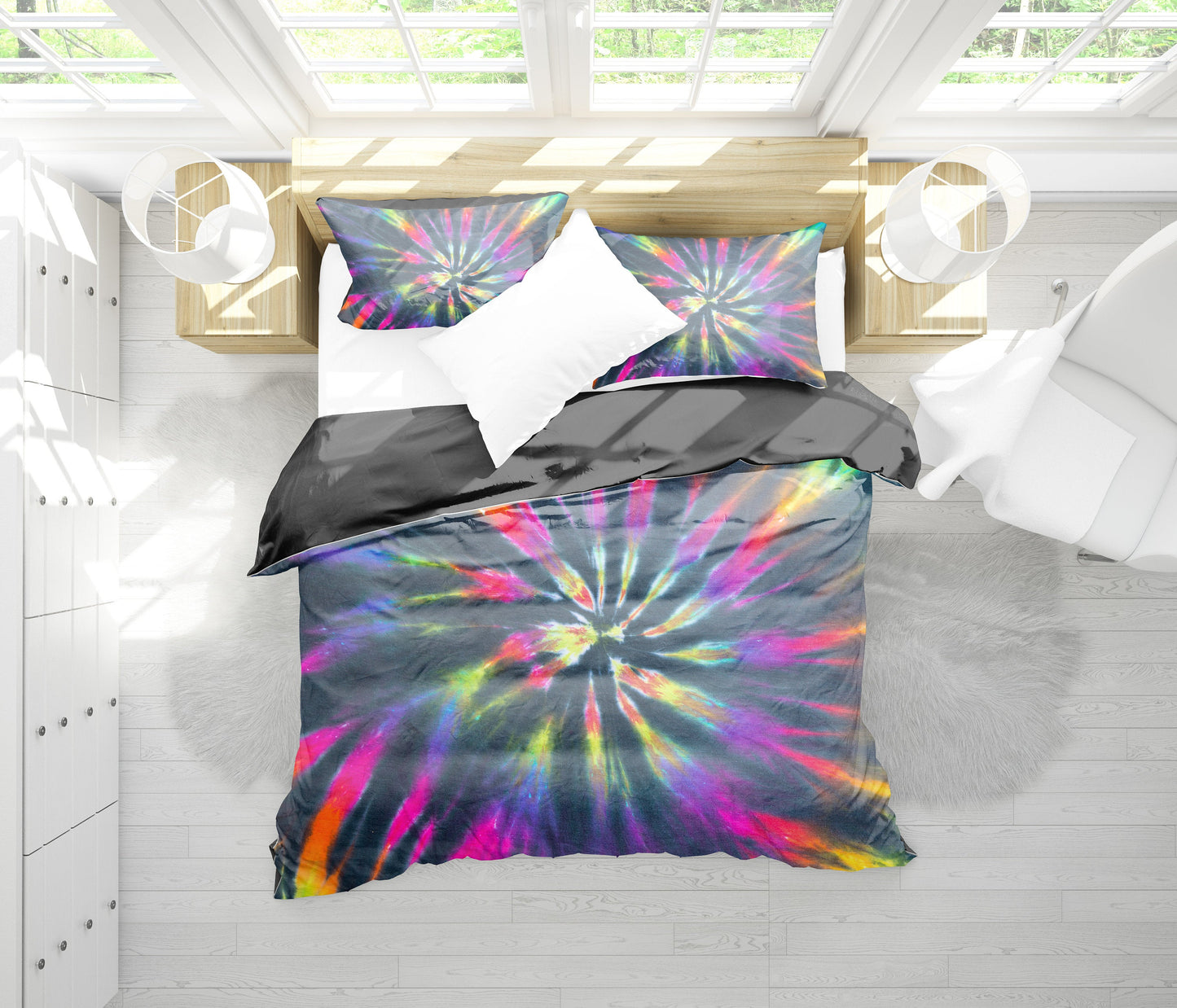 Colorful Neon Tie Dye Black Bedding Set