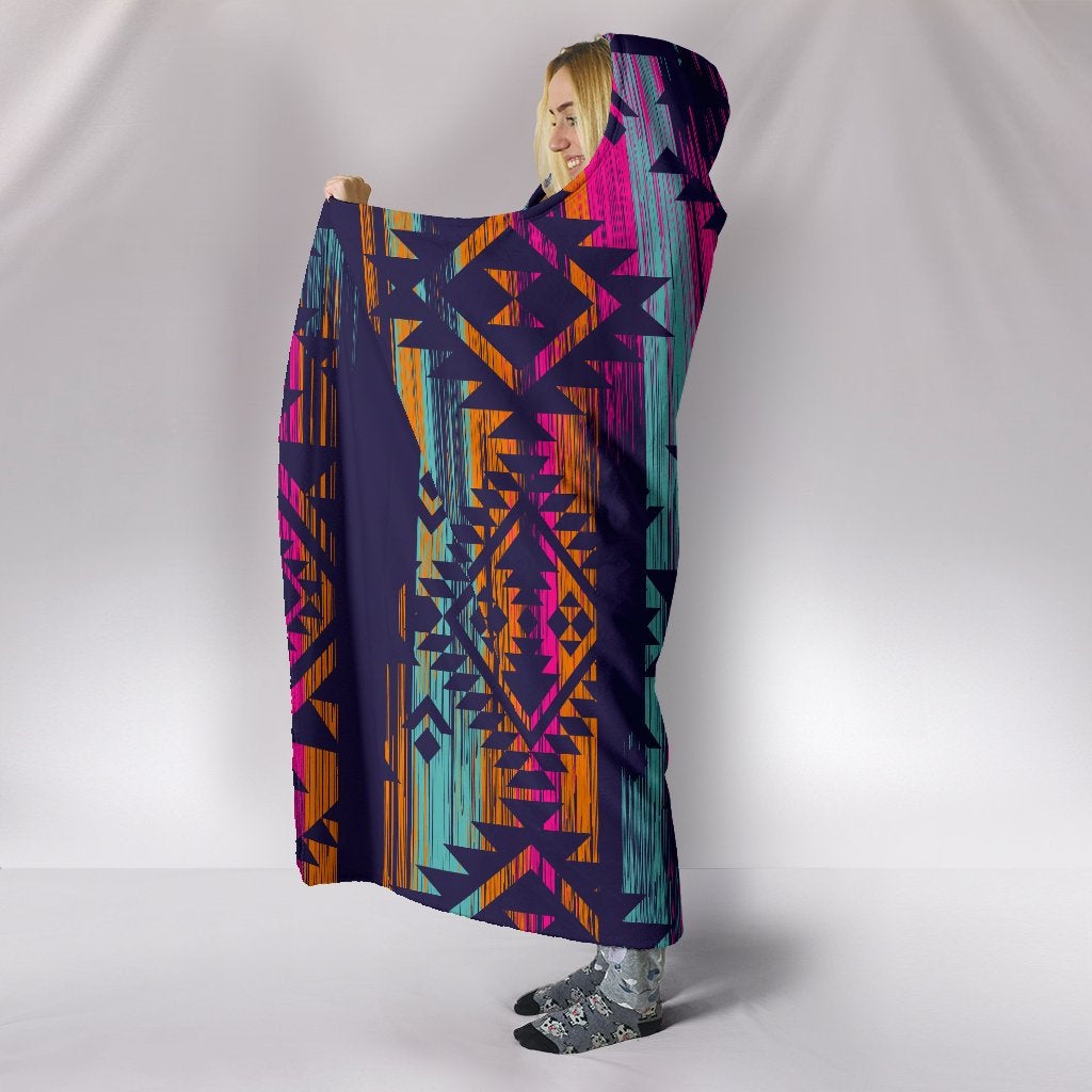 Colorful Boho Aztec Streaks Hooded Blanket