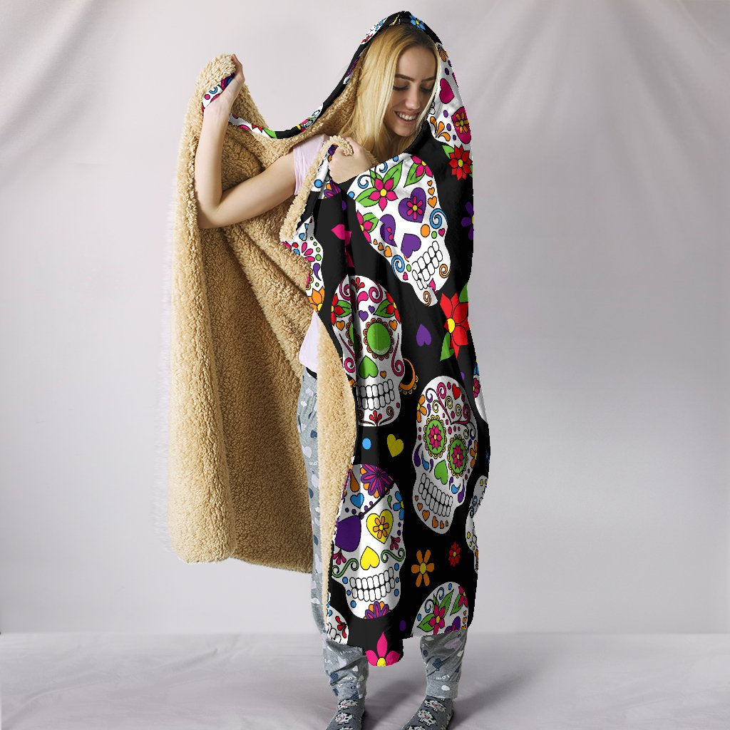 Colorful Sugar Skulls Hooded Blanket