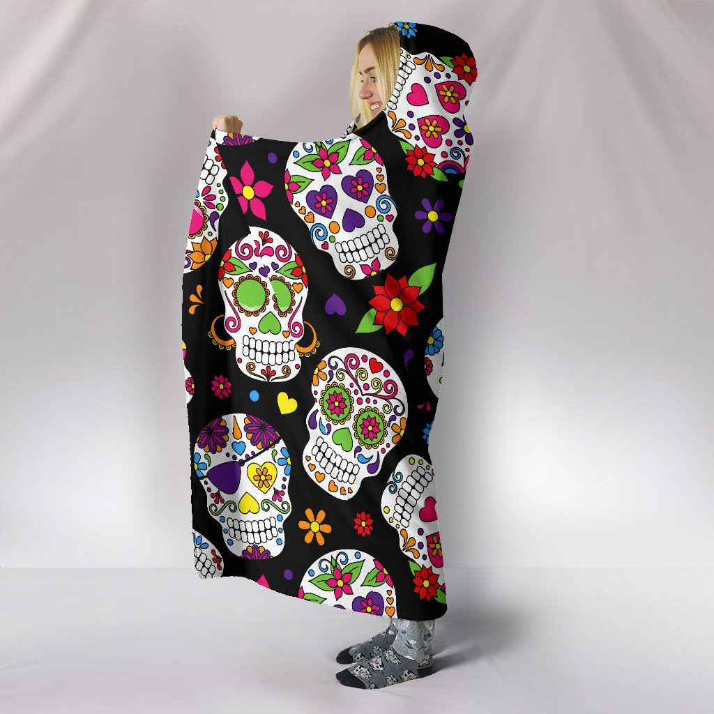 Colorful Sugar Skulls Hooded Blanket