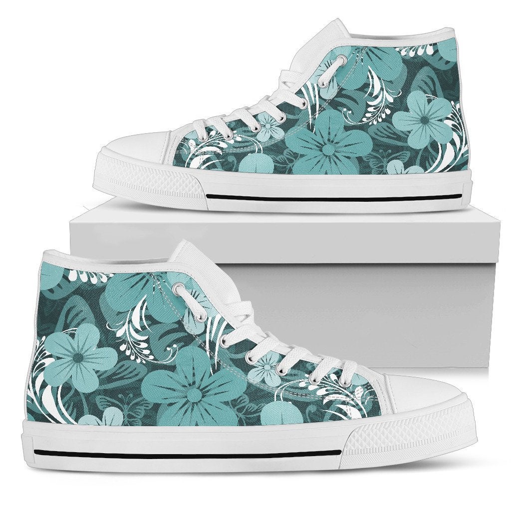 Light Green Teal Aloha Flowers High Top Shoes