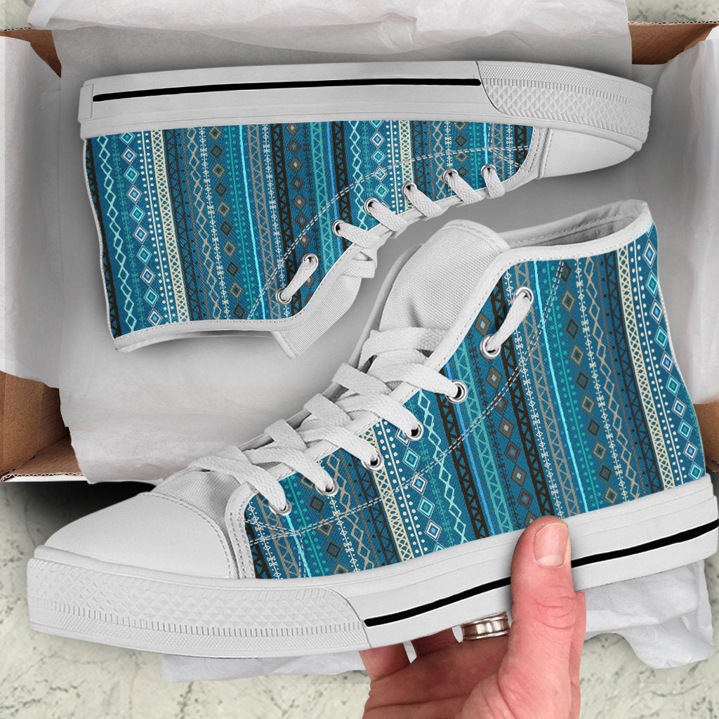 Light Green Teal Boho Stripes High Top Shoes
