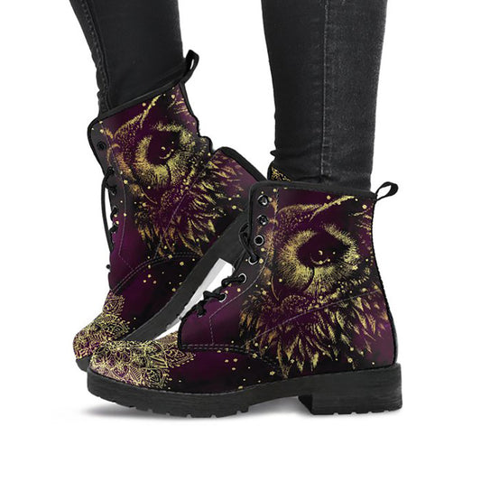 Golden Brown Owl Mandala Womens Boots