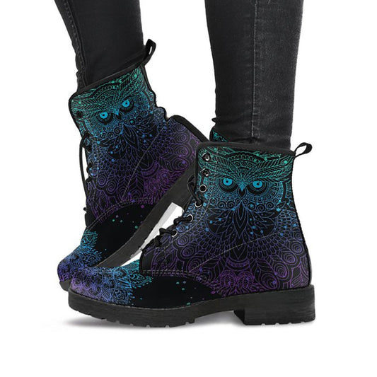 Dark Blue Purple Owl Mandala Womens Boots